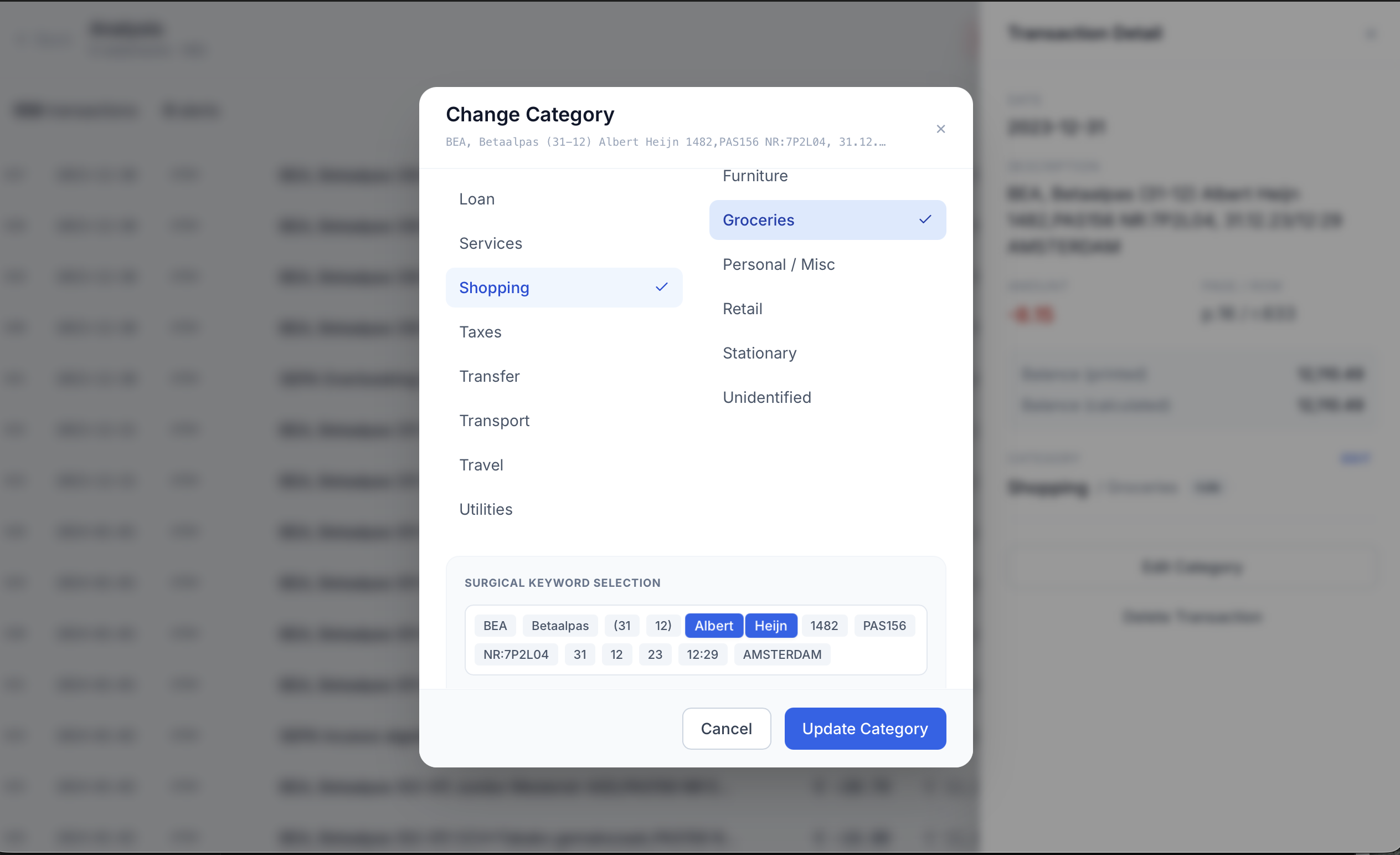 The Change Category window in ScrutiBank with the words ALBERT and HEIJN selected under Surgical Keyword Selection, so the rule matches every Albert Heijn transaction